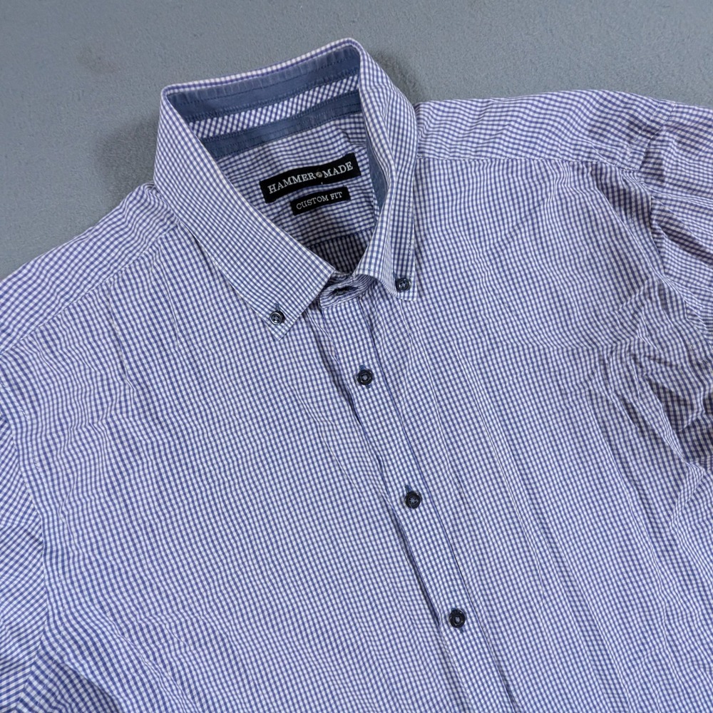 Hammer Made Button Down Shirt Mens XL Blue Gingham Custom Fit Short Sleeve